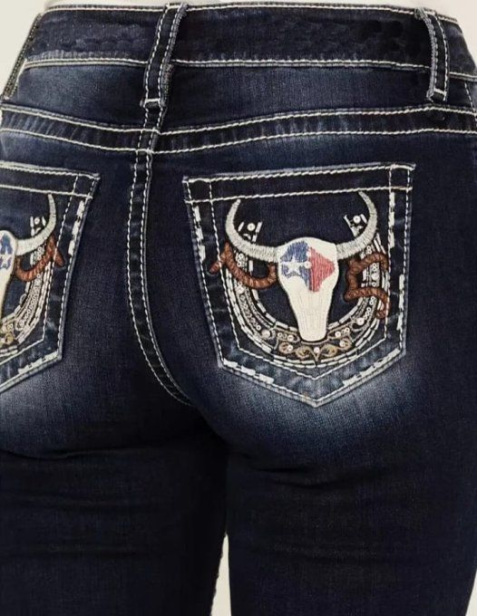 Jeans poches brodés " Crâne Texas"